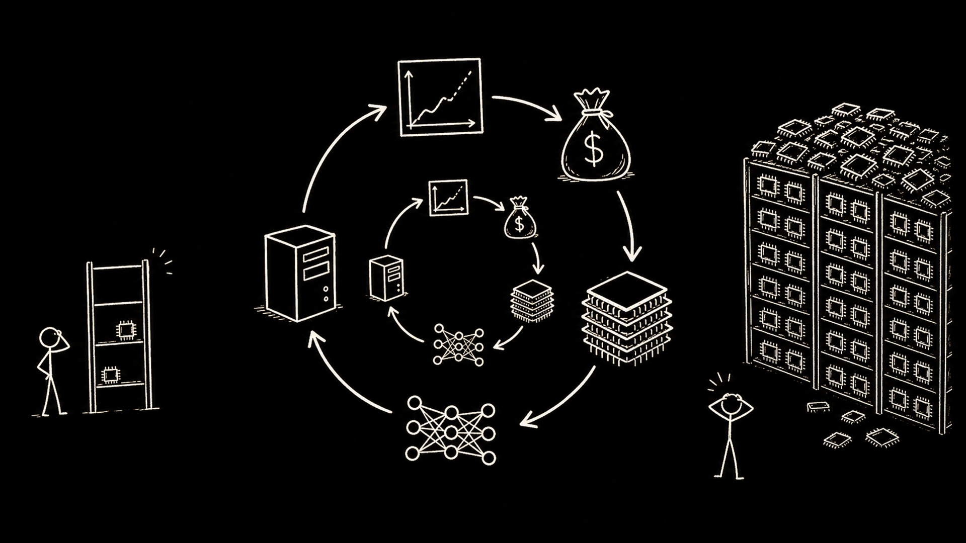 A hand-drawn loop showing capital, forecasting, compute, training and deployment escalating until a lab underbuys or overbuys infrastructure.