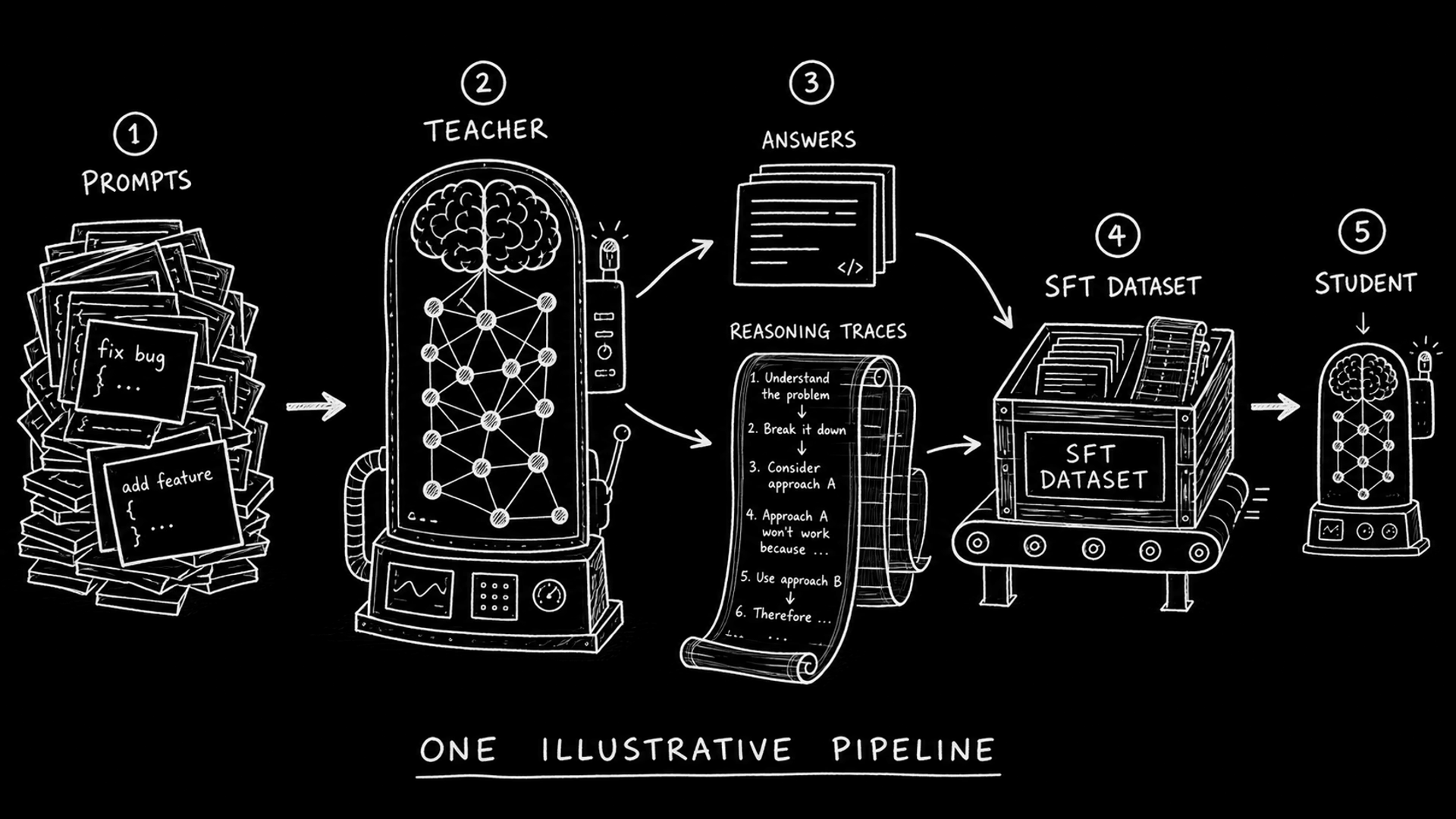 A five-stage hand-drawn pipeline showing prompts sent to a teacher model, answers and reasoning traces collected into a supervised fine-tuning dataset, and a student model trained from it.