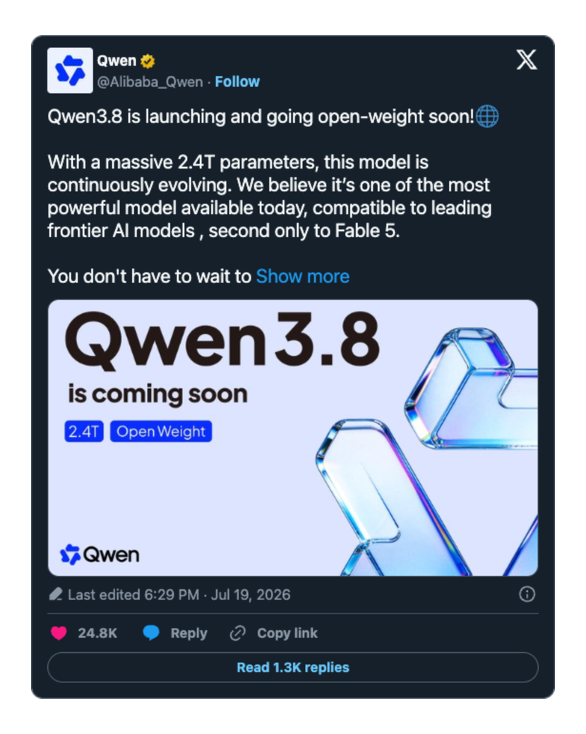 Qwen’s official X announcement saying Qwen3.8 was launching and would go open-weight.