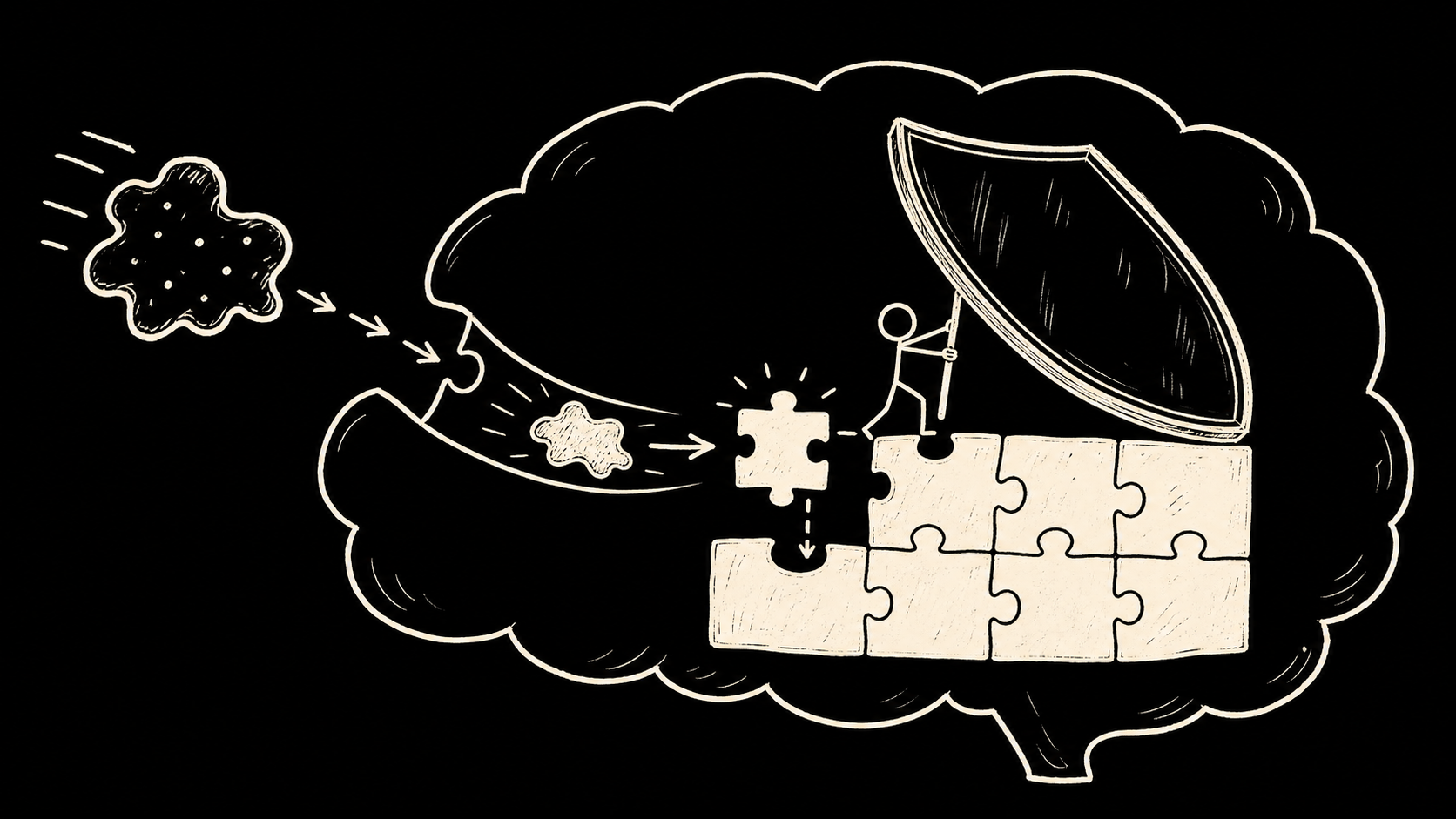 Editorial illustration of new experience being shaped into a puzzle piece while existing knowledge is protected by a shield