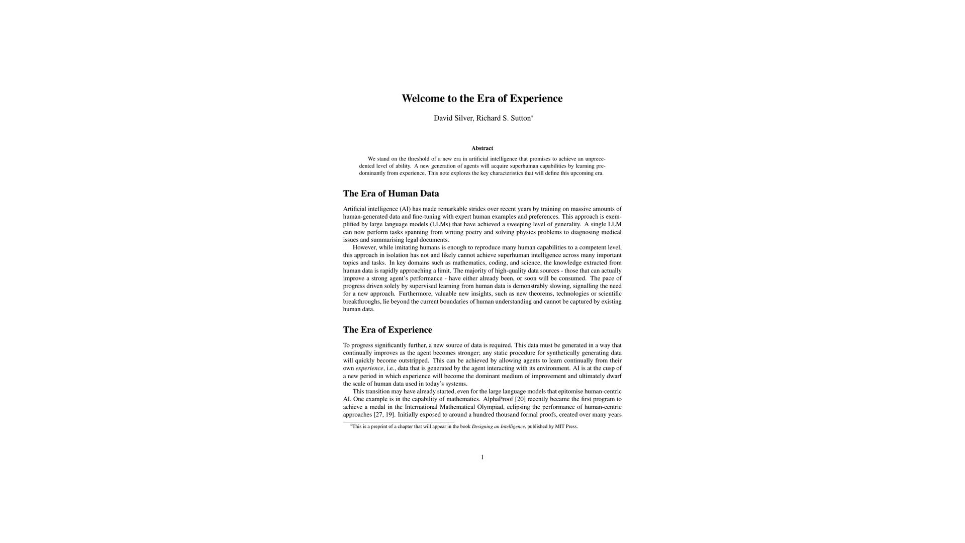 First page of Welcome to the Era of Experience by David Silver and Richard Sutton